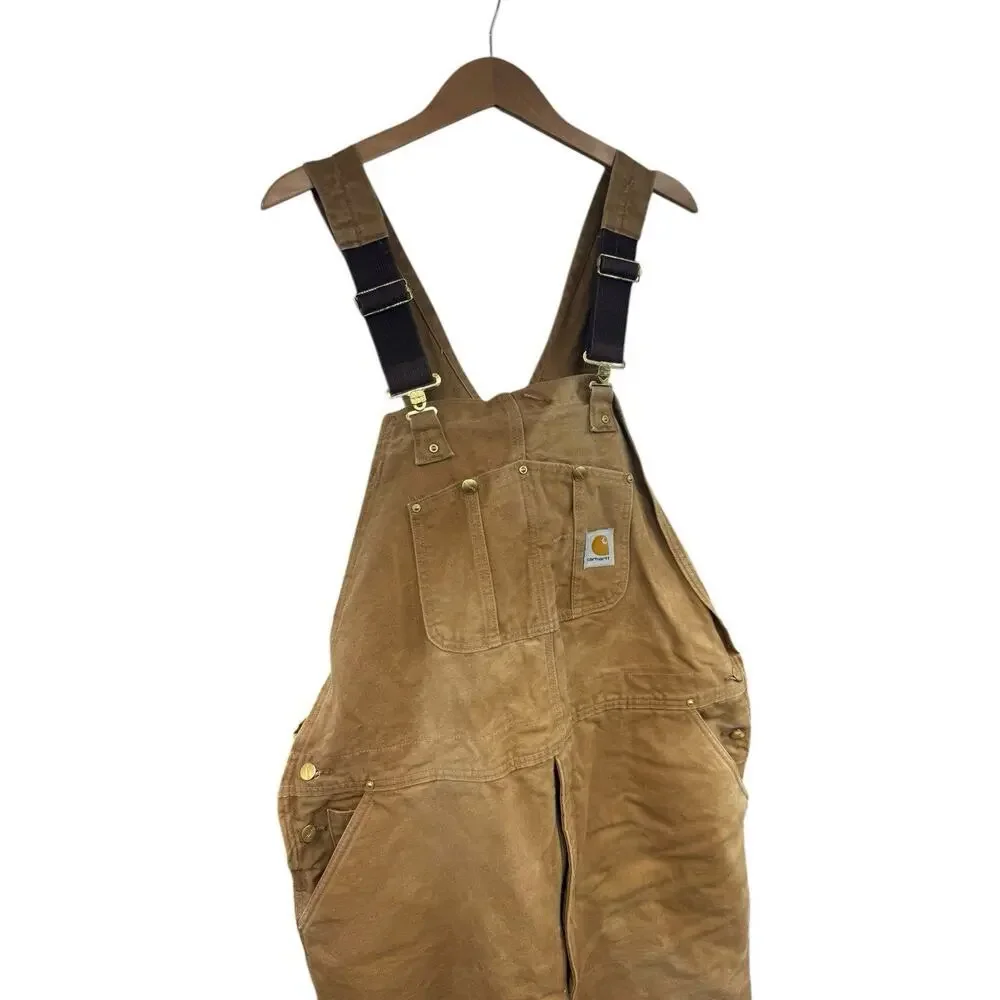 Carhartt Bib Overalls Duck Canvas Red Quilt Lined Double Knee R02BRN 46 X 34‎